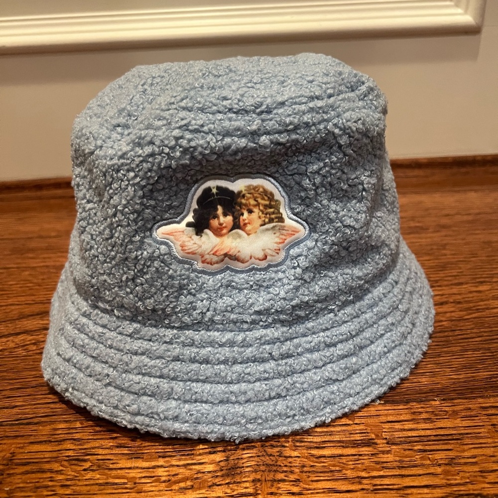 Blue Fiorucci Boucle Bucket Hat with Angel Patch